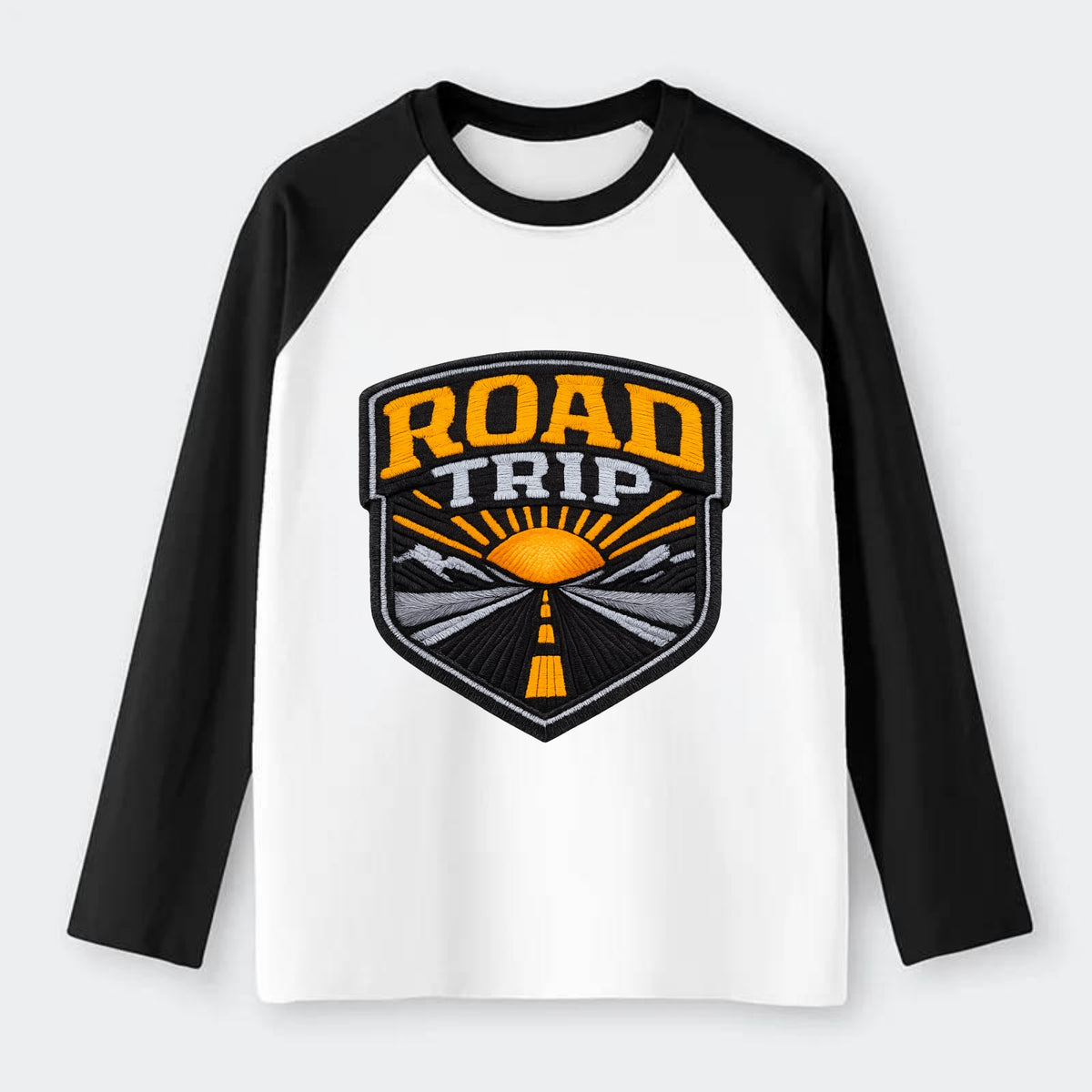 ROAD TRIP - highway and sun in orange and gray , open road - Raglan Long Sleeve T-Shirt - Black