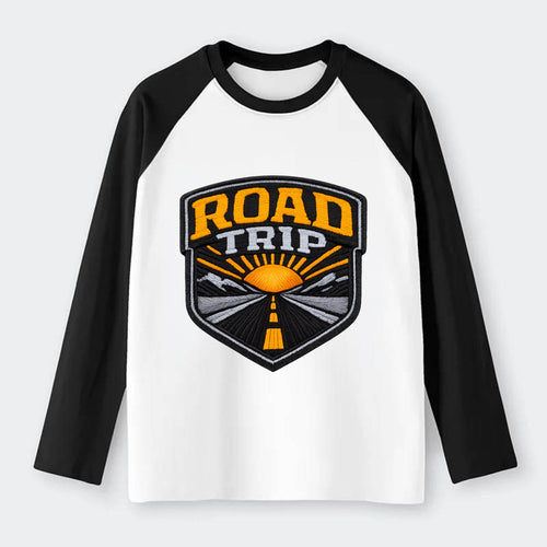ROAD TRIP - highway and sun in orange and gray , open road - Raglan Long Sleeve T-Shirt