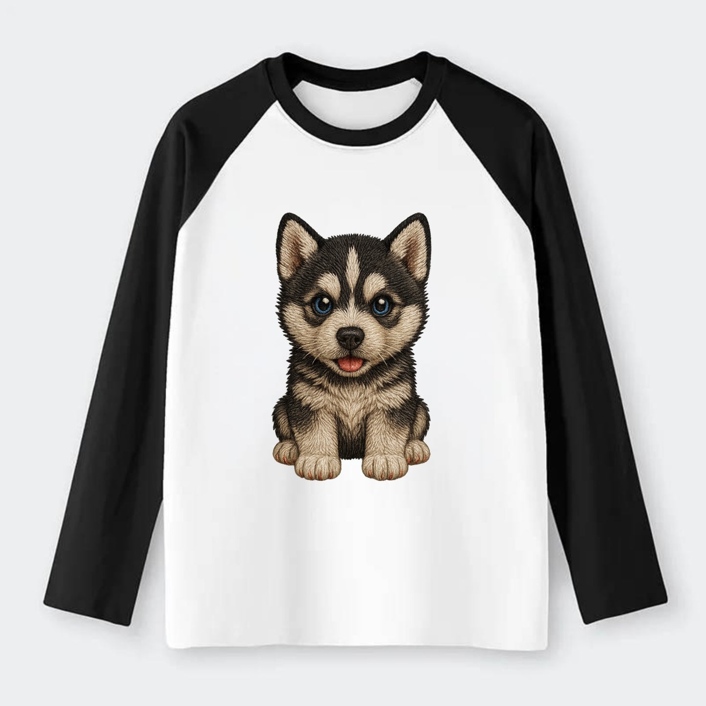 Baby Siberian Husky Puppy - blue or bi-colored eyes, fluffy coat, - Raglan Long Sleeve T-Shirt - Black