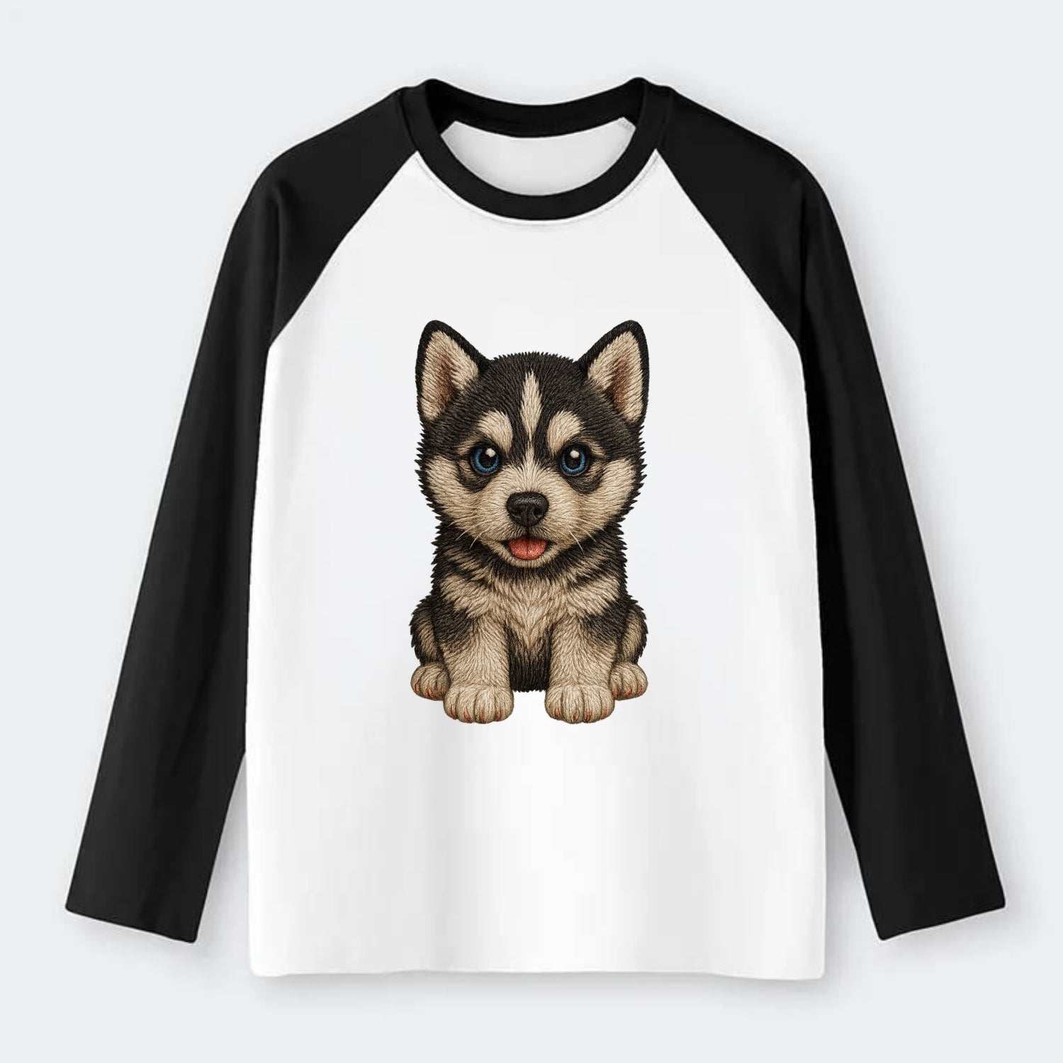 Baby Siberian Husky Puppy - blue or bi-colored eyes, fluffy coat, - Raglan Long Sleeve T-Shirt - Black