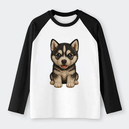Baby Siberian Husky Puppy - blue or bi-colored eyes, fluffy coat, - Raglan Long Sleeve T-Shirt - Black