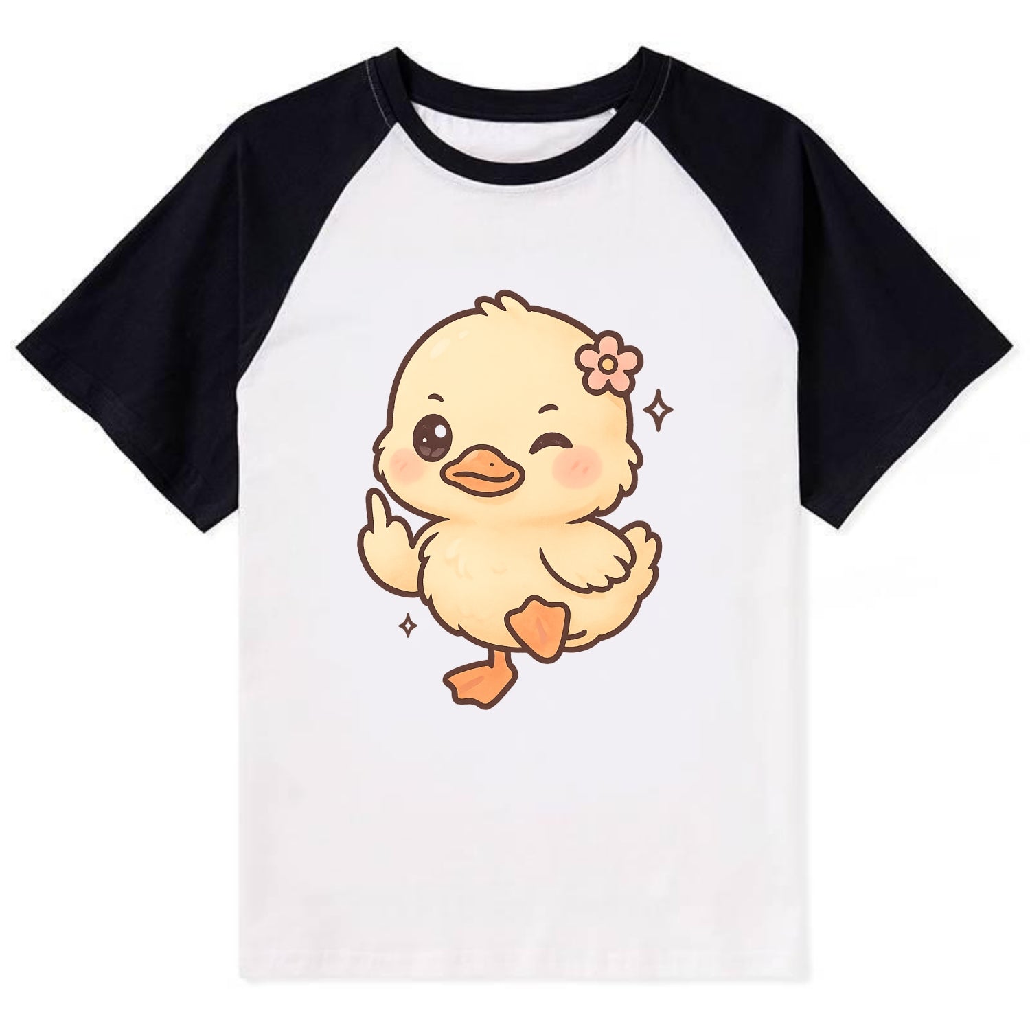 fluffy baby duck with small flower, one webbed foot raised sassily - Contrast Raglan T-shirt - Black