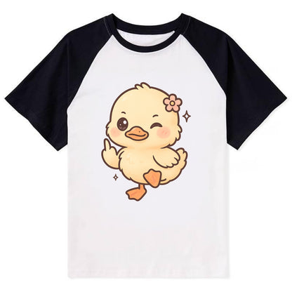 fluffy baby duck with small flower, one webbed foot raised sassily - Contrast Raglan T-shirt - Black