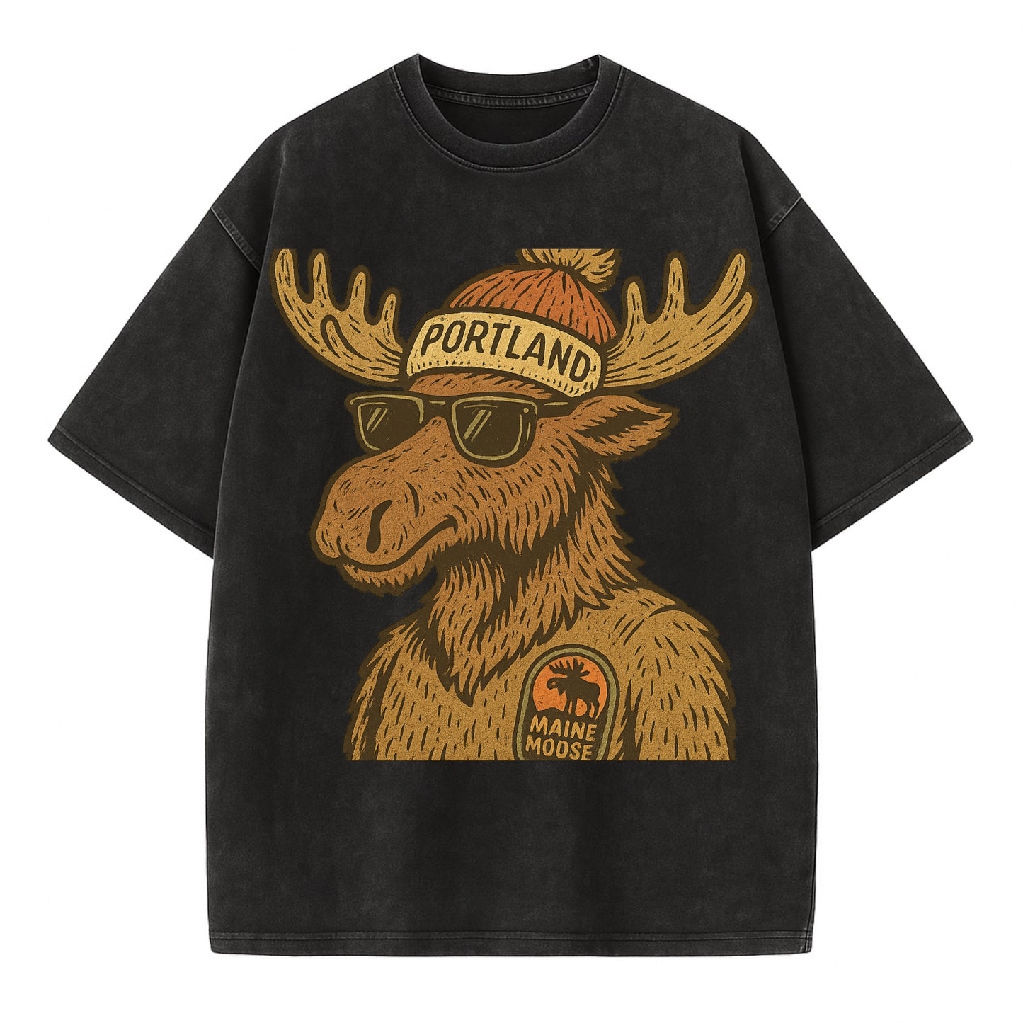 Maine Moose wearing Portland beanie with pom pom and wayfarer sunglasses - Vintage T-shirt - Black