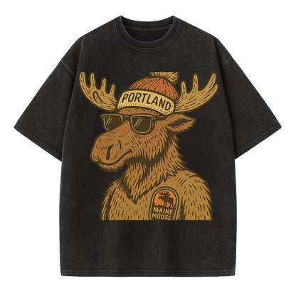 Maine Moose wearing Portland beanie with pom pom and wayfarer sunglasses - Vintage T-shirt - Black