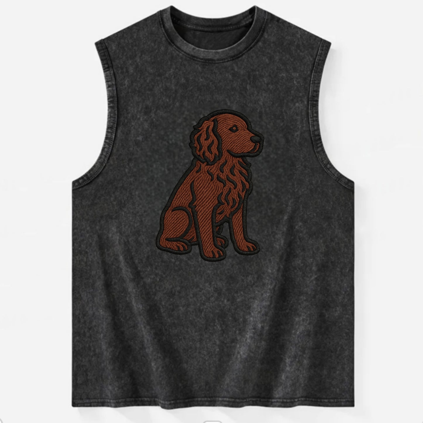 Boykin Spaniel - Rich chocolate brown wavy coat embroidered sitting pose - Vintage Washed Tank - Black