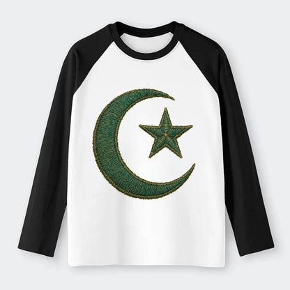 Crescent Moon and Star - Raglan Long Sleeve T-Shirt - Black