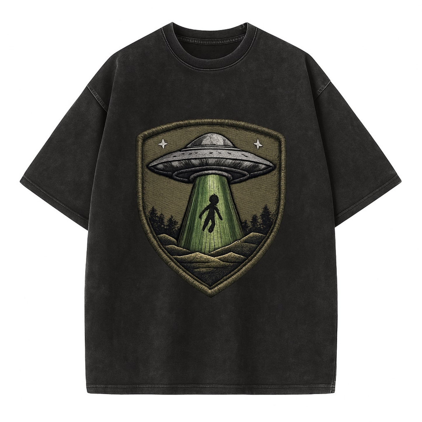 UFO ALIEN - flying saucer with beam in silver and green , extraterrestrial - Vintage T-shirt - Black