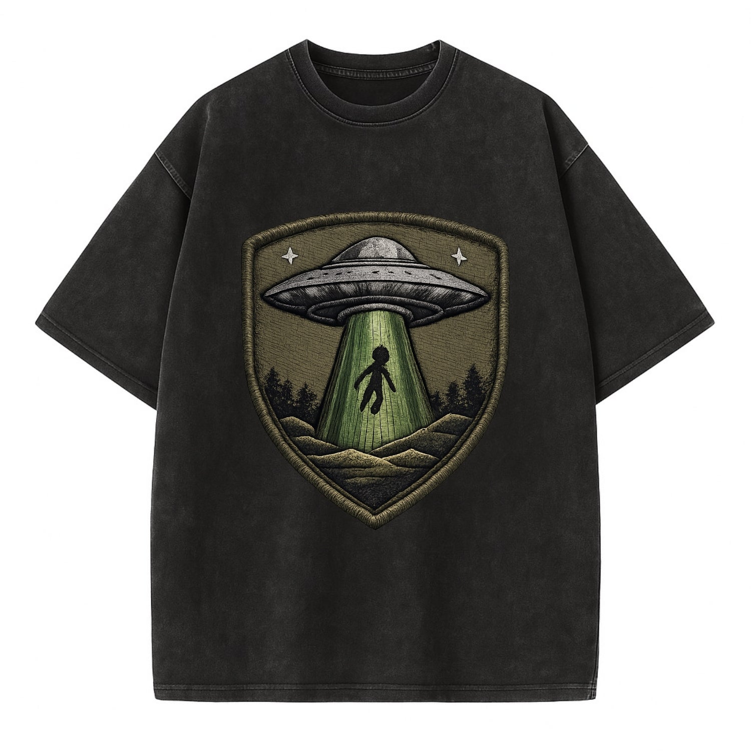 UFO ALIEN - flying saucer with beam in silver and green , extraterrestrial - Vintage T-shirt - Black