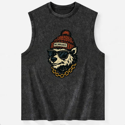 Milwaukee Badger wearing Milwaukee beanie with pom pom and wayfarer sunglasses - Vintage Washed Tank - Black