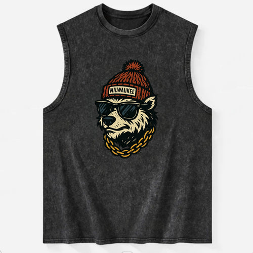 Milwaukee Badger wearing Milwaukee beanie with pom pom and wayfarer sunglasses - Vintage Washed Tank