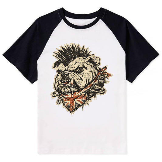 PUNK BULLDOG | British bulldog with mohawk | Safety pins through collar | - Contrast Raglan T-shirt - Black