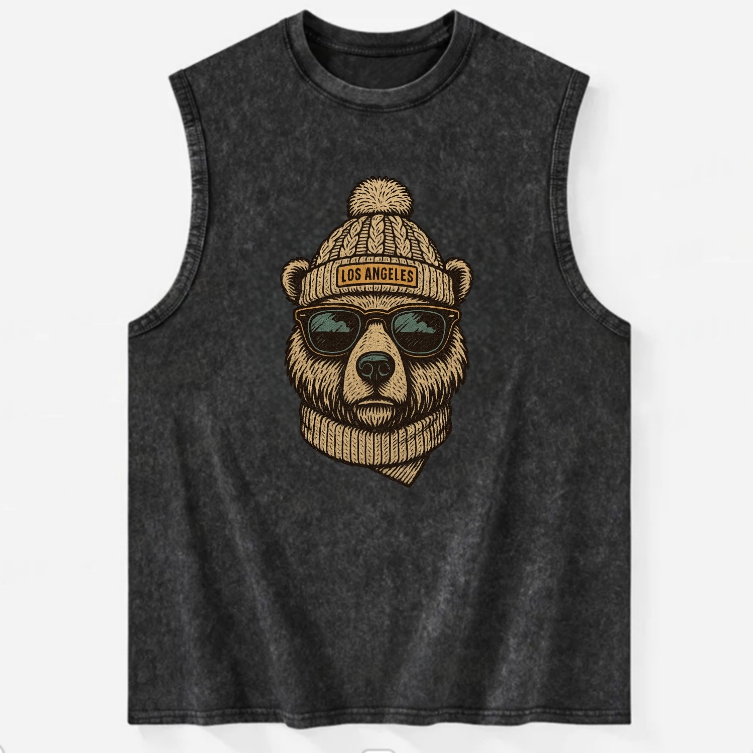 California Grizzly Bear wearing Los Angeles beanie with pom pom and wayfarer - Vintage Washed Tank - Black