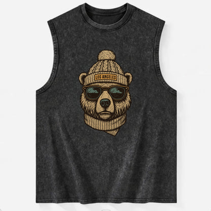 California Grizzly Bear wearing Los Angeles beanie with pom pom and wayfarer - Vintage Washed Tank - Black
