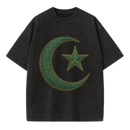 Crescent Moon and Star - Vintage T-shirt - Black