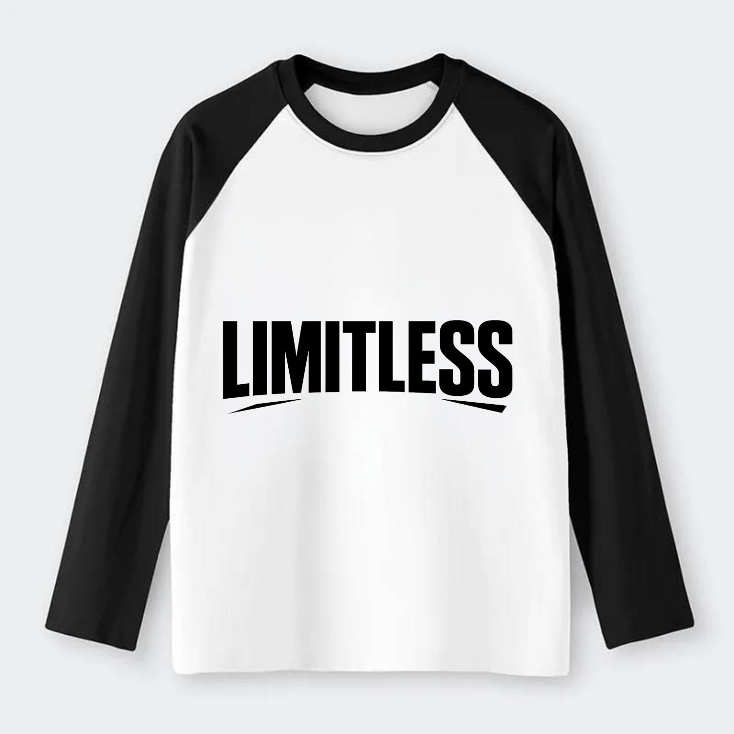 Bold typography design - "LIMITLESS" - no boundaries, infinite - Raglan Long Sleeve T-Shirt - Black