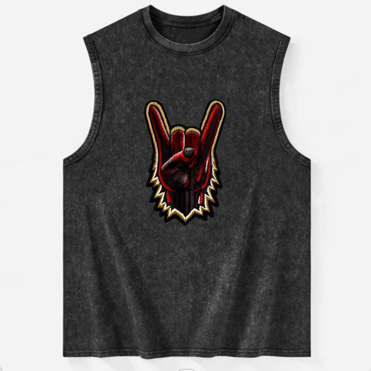 ROCK HAND HORNS - devil horns hand gesture in black and red , metal music - Vintage Washed Tank - Black