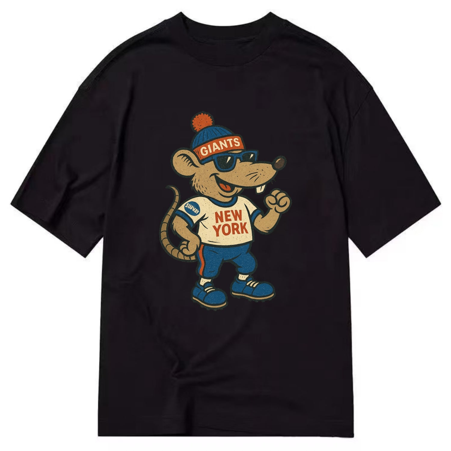 New York Rat wearing Giants beanie with subway patch and wayfarer sunglasses - Classic T-shirt - Black