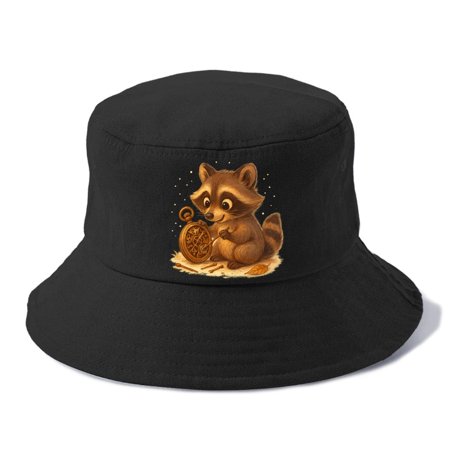 Raccoon tinkering with a steampunk pocket watch using tiny brass tools - Bucket Hat - Black