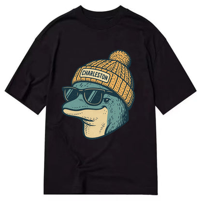 Charleston Dolphin wearing Charleston beanie with pom pom and wayfarer sunglasses - Classic T-shirt - Black