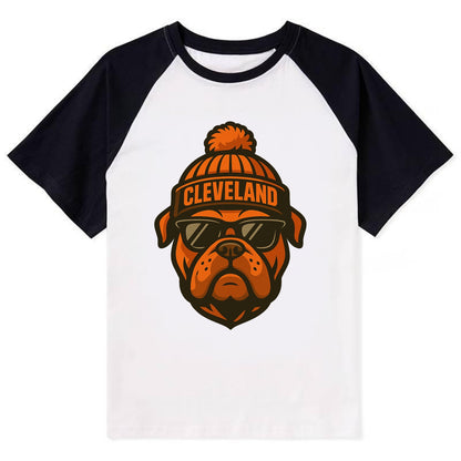 Cleveland Bulldog wearing Browns orange and brown beanie with pom pom and - Contrast Raglan T-shirt - Black