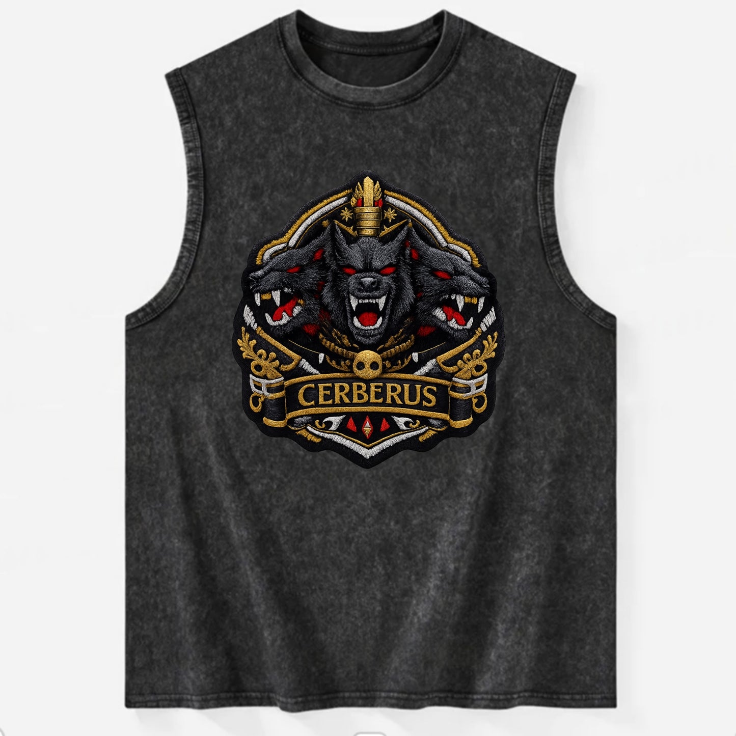 CERBERUS THREE HEADS - triple hound in black and red , underworld - Vintage Washed Tank - Black