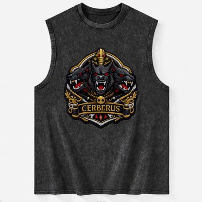 CERBERUS THREE HEADS - triple hound in black and red , underworld - Vintage Washed Tank - Black
