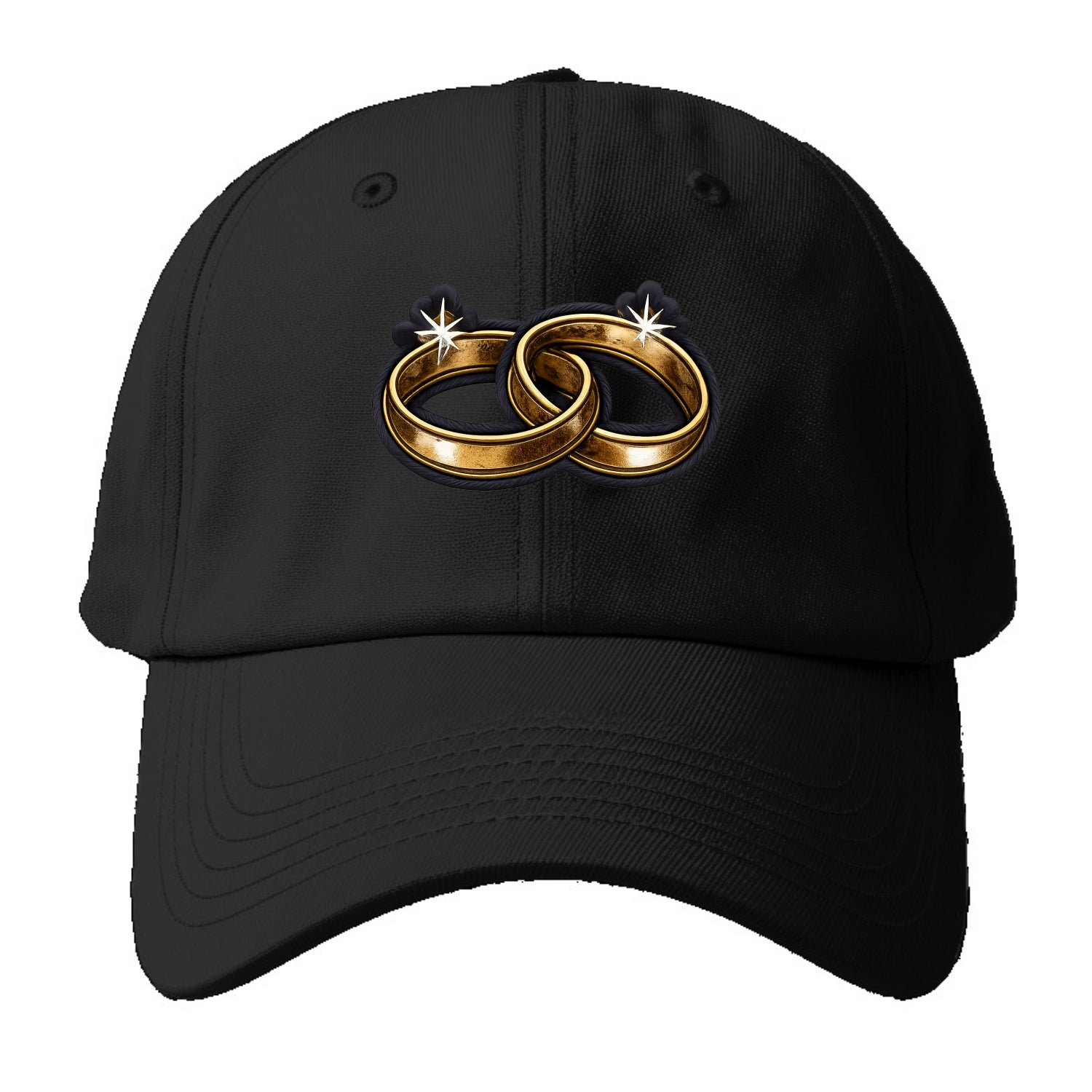 WEDDING RINGS - interlocked bands in gold , marriage - Baseball Cap - Black