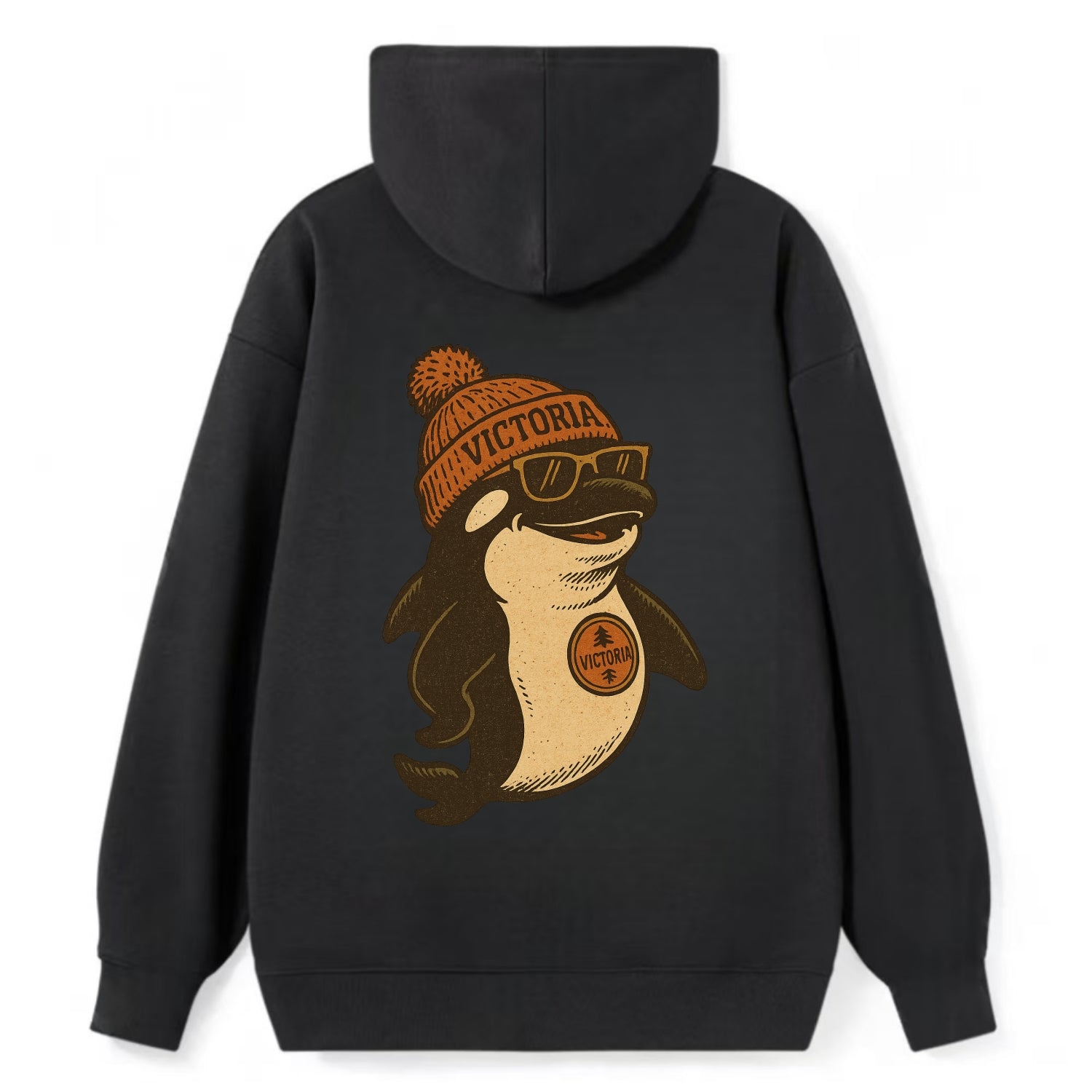 Victoria Orca wearing Victoria beanie with pom pom and wayfarer sunglasses - Classic Pullover Hoodie - Black