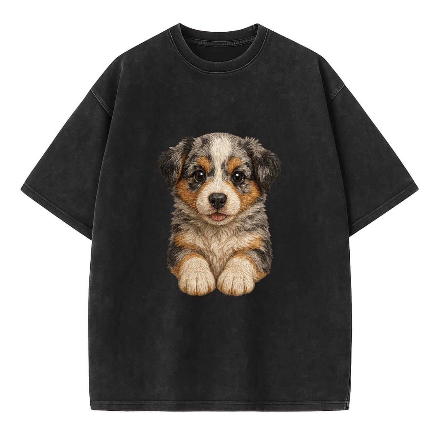 Baby Australian Shepherd Puppy - merle coat, bright eyes, fluffy, front-facing, - Vintage T-shirt - Black