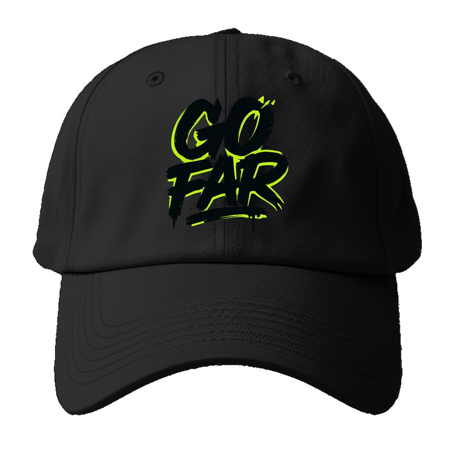 Bold typography design - "GO FAR" - distance goals, pushing limits - Baseball Cap - Black