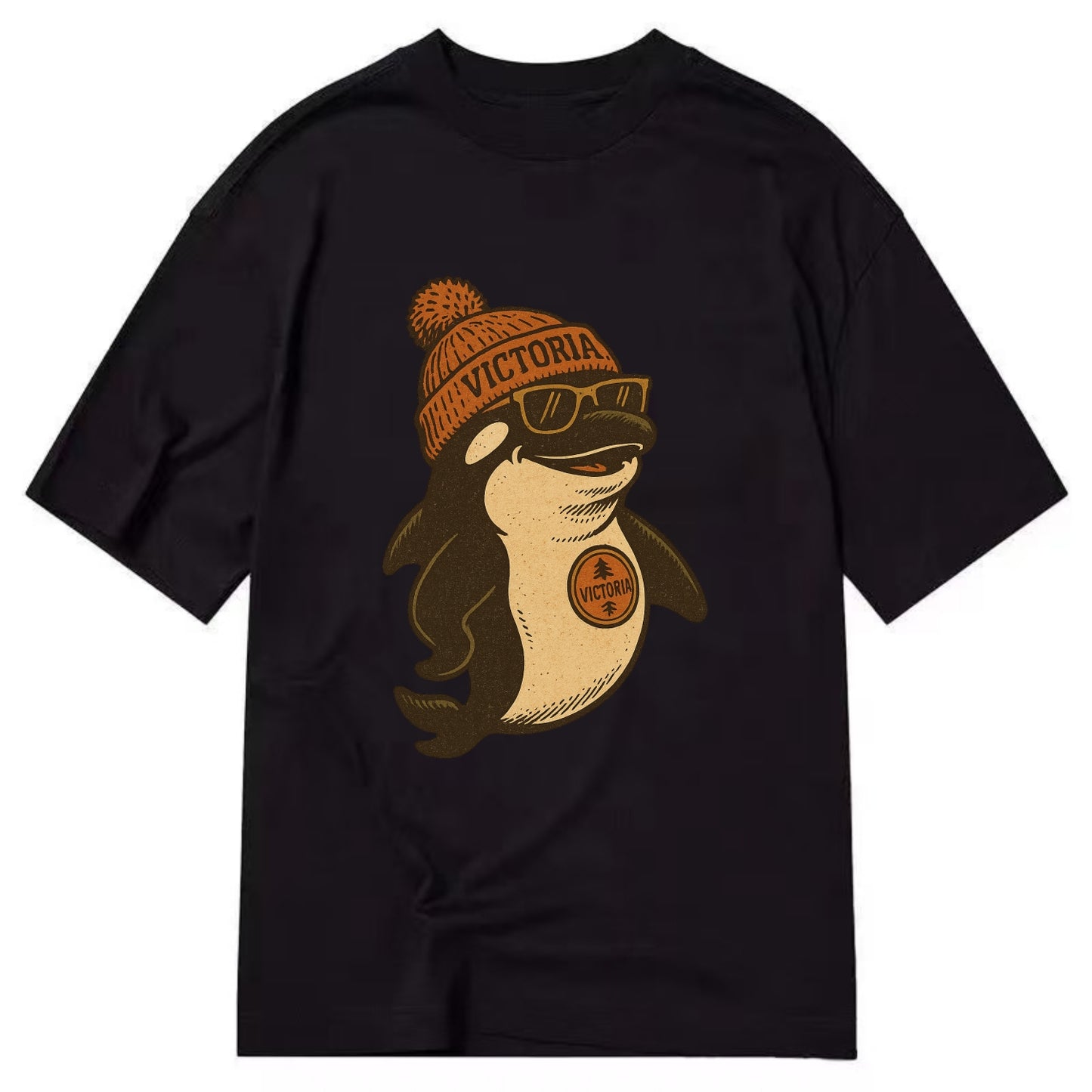Victoria Orca wearing Victoria beanie with pom pom and wayfarer sunglasses - Classic T-shirt - Black