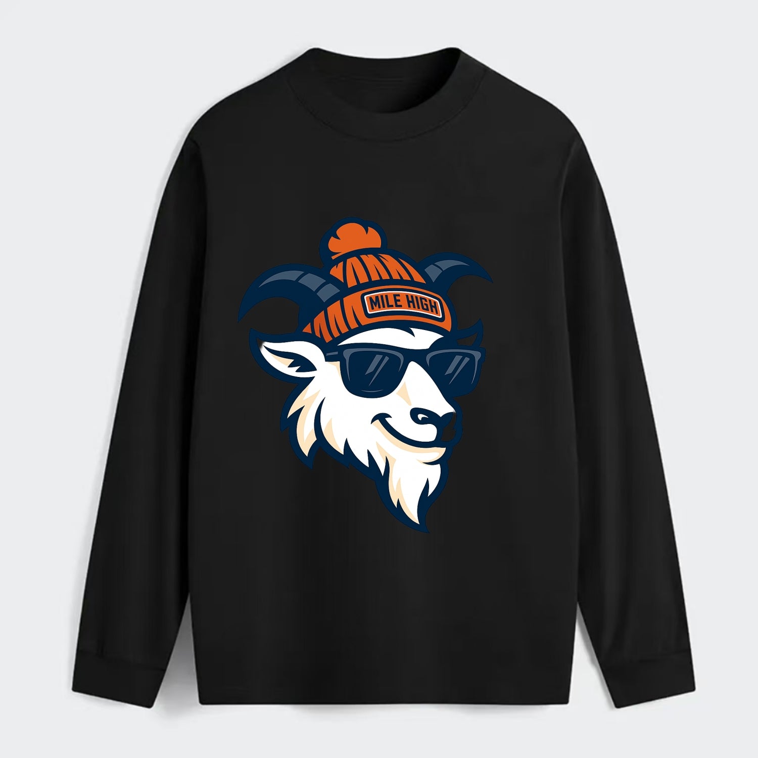 Denver Mountain Goat wearing Broncos beanie with Mile High patch and - Classic Long Sleeve Shirt - Black