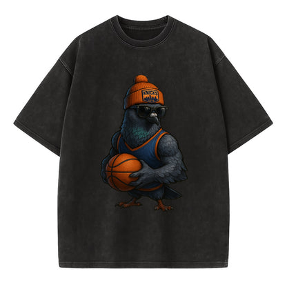 Manhattan Pigeon wearing Knicks beanie with skyline patch and wayfarer sunglasses - Vintage T-shirt - Black