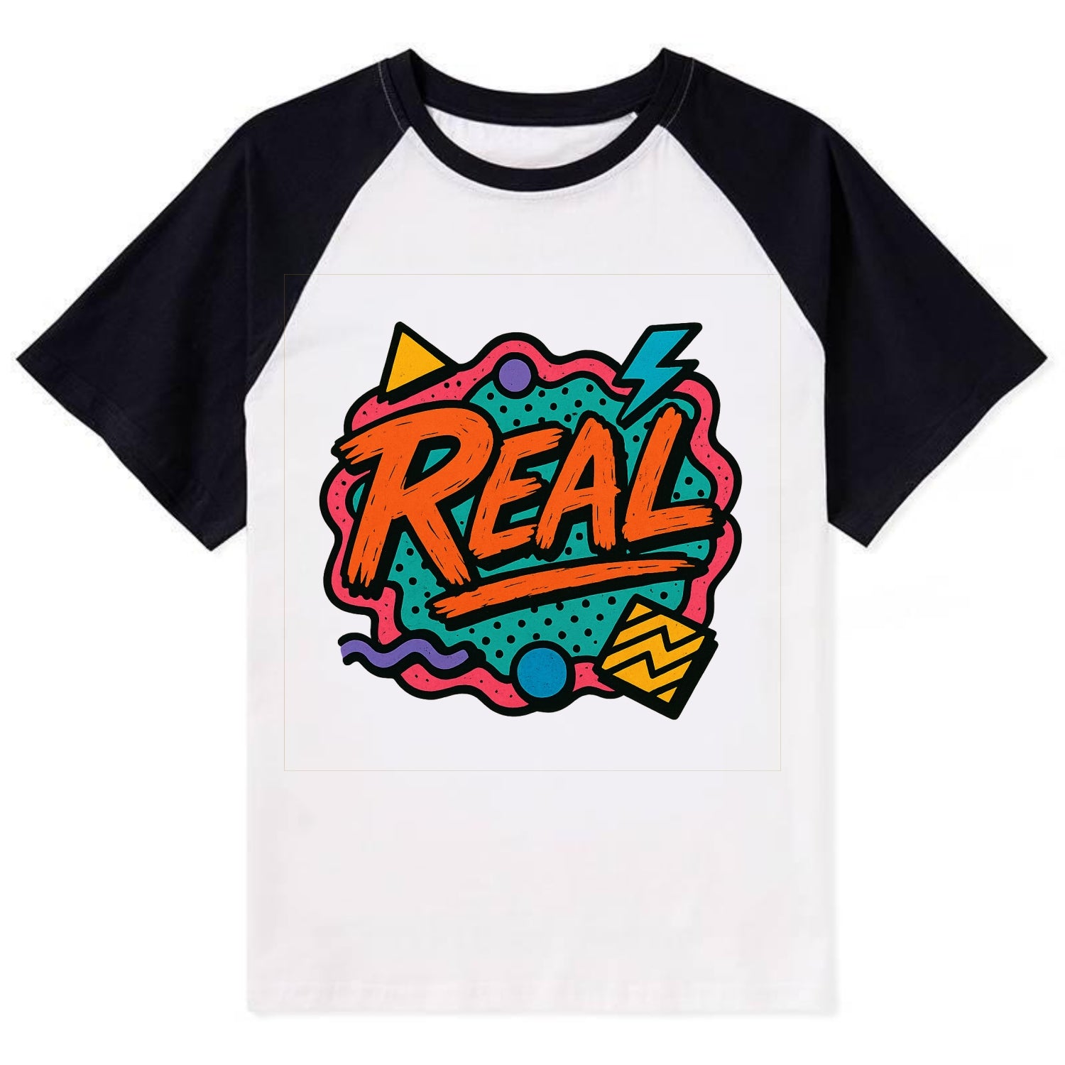 Imperfect brush strokes spelling "Real" - authenticity over perfection, - Contrast Raglan T-shirt - Black