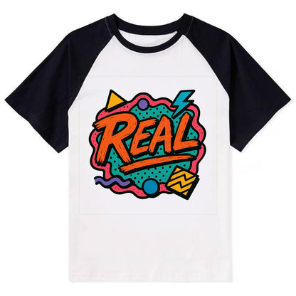Imperfect brush strokes spelling "Real" - authenticity over perfection, - Contrast Raglan T-shirt - Black