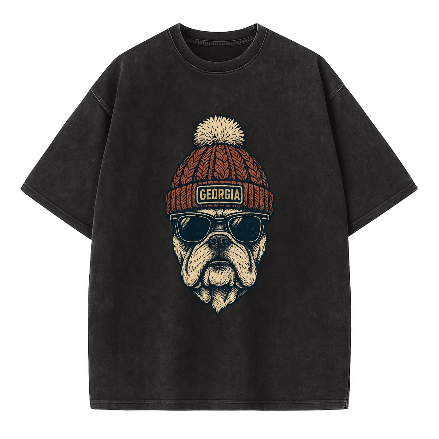 Athens Bulldog wearing Georgia beanie wi - Vintage T-shirt - Black