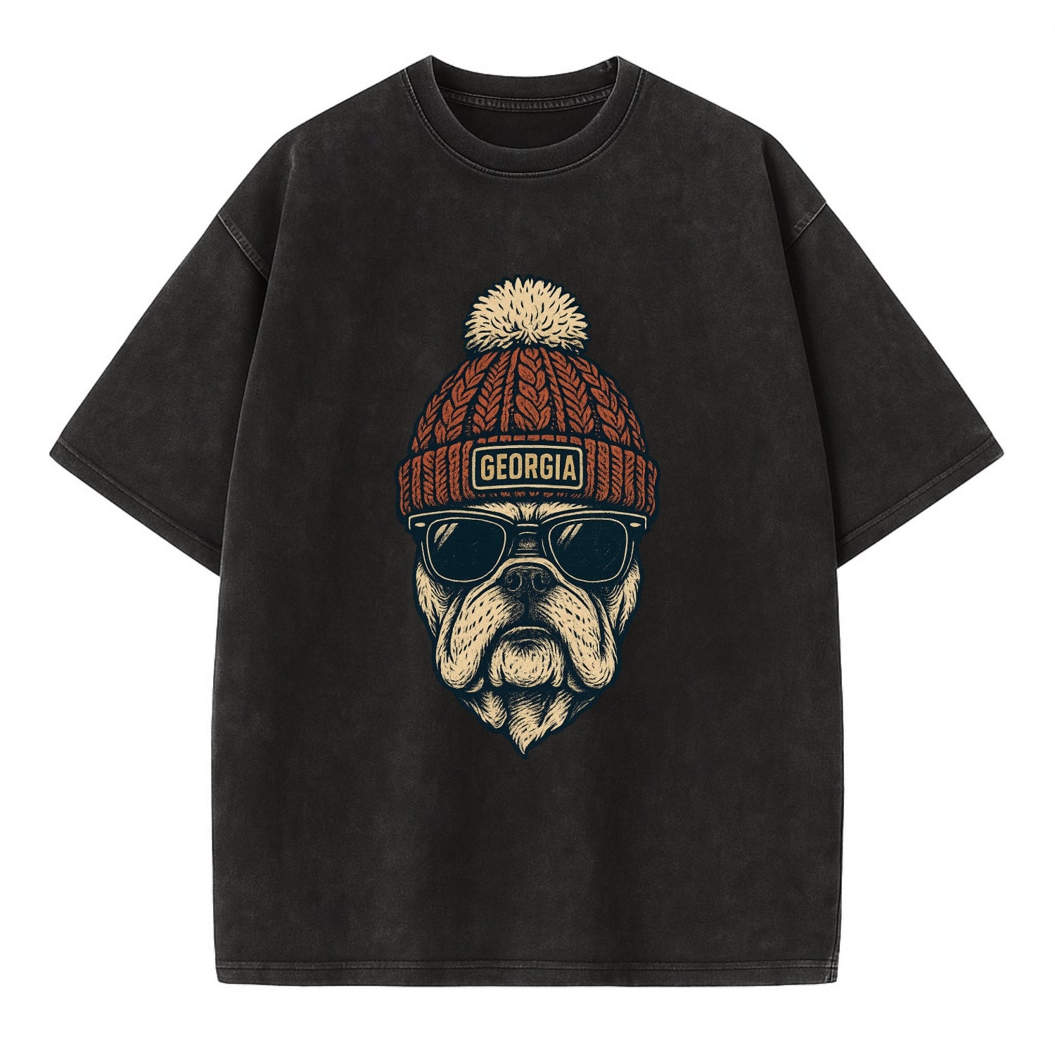 Athens Bulldog wearing Georgia beanie wi - Vintage T-shirt - Black