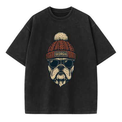 Athens Bulldog wearing Georgia beanie wi - Vintage T-shirt - Black