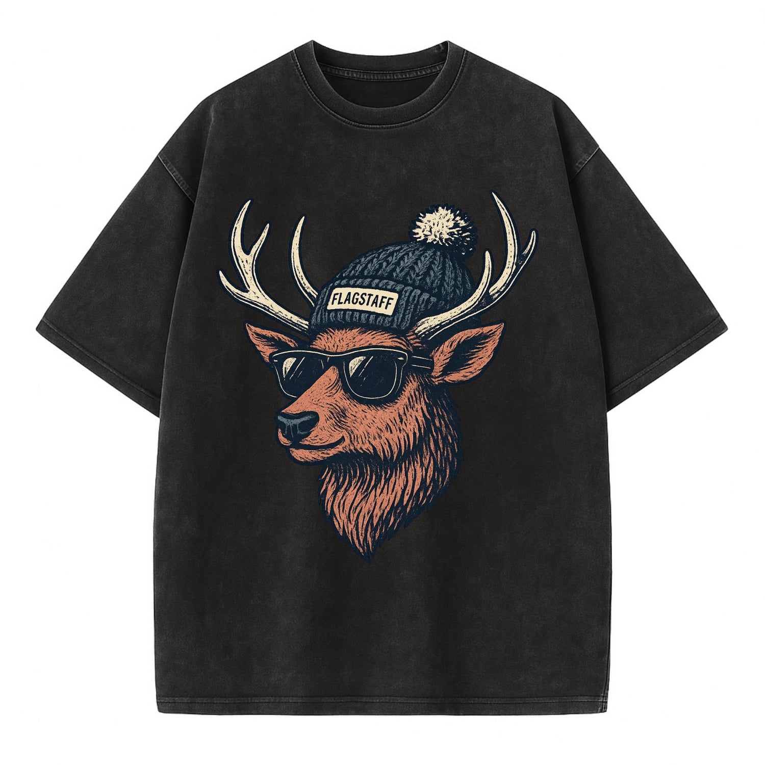 Flagstaff Elk wearing Flagstaff beanie with pom pom and wayfarer sunglasses - Vintage T-shirt - Black