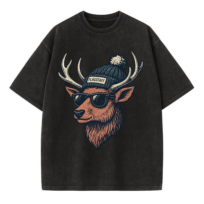 Flagstaff Elk wearing Flagstaff beanie with pom pom and wayfarer sunglasses - Vintage T-shirt - Black