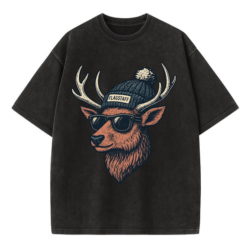 Flagstaff Elk wearing Flagstaff beanie with pom pom and wayfarer sunglasses - Vintage T-shirt