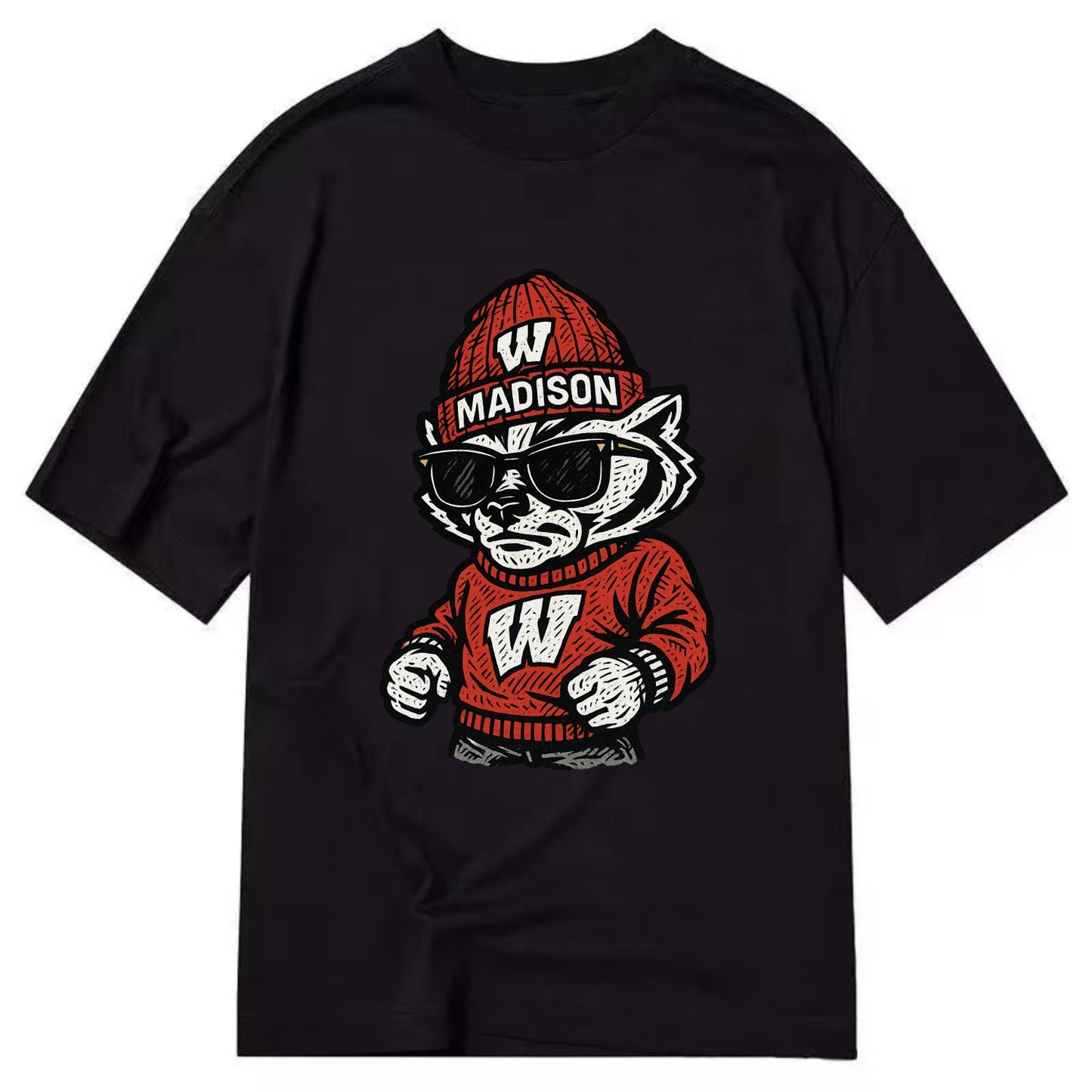 Madison Badger wearing Wisconsin beanie with motion W patch - Classic T-shirt - Black