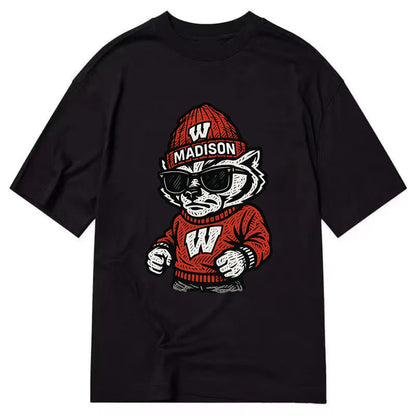 Madison Badger wearing Wisconsin beanie with motion W patch - Classic T-shirt - Black