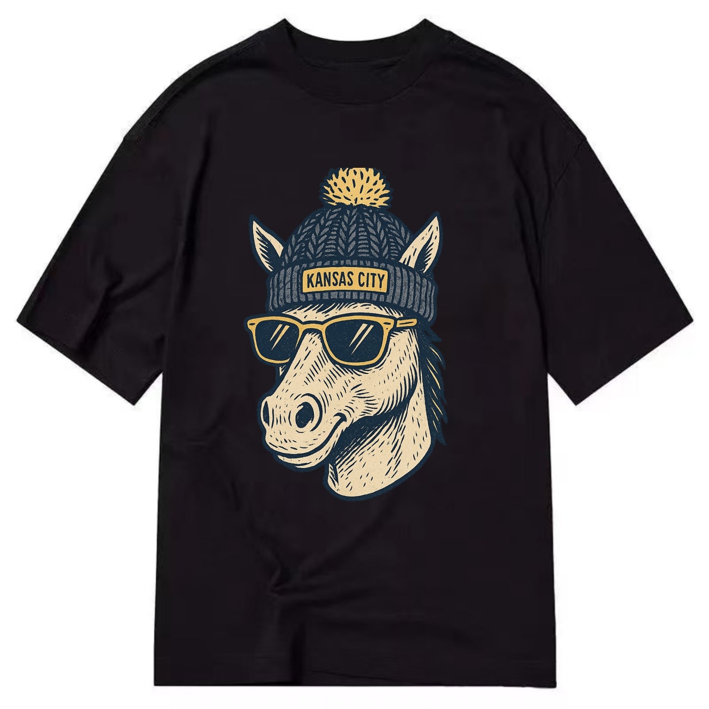 Missouri Mule wearing Kansas City beanie with pom pom and wayfarer sunglasses - Classic T-shirt - Black