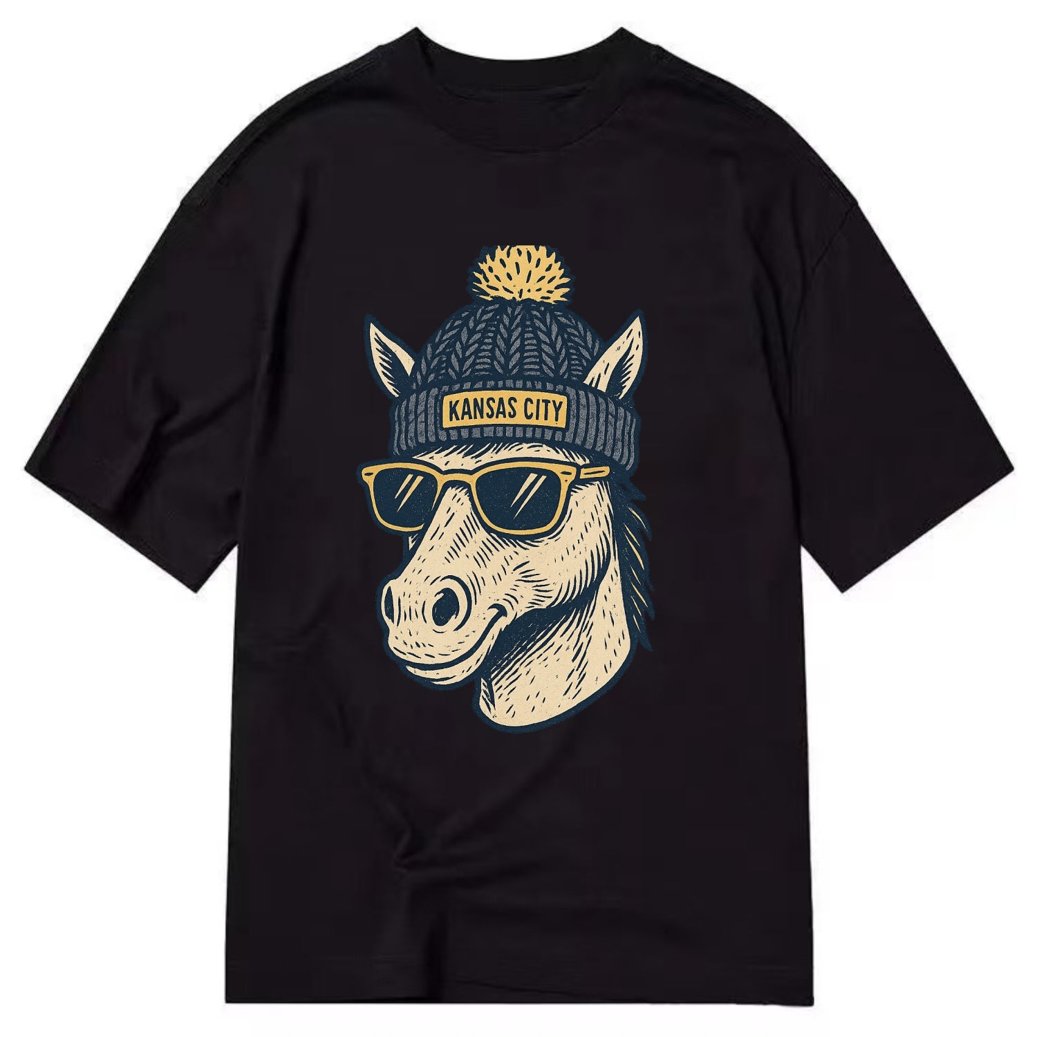 Missouri Mule wearing Kansas City beanie with pom pom and wayfarer sunglasses - Classic T-shirt - Black