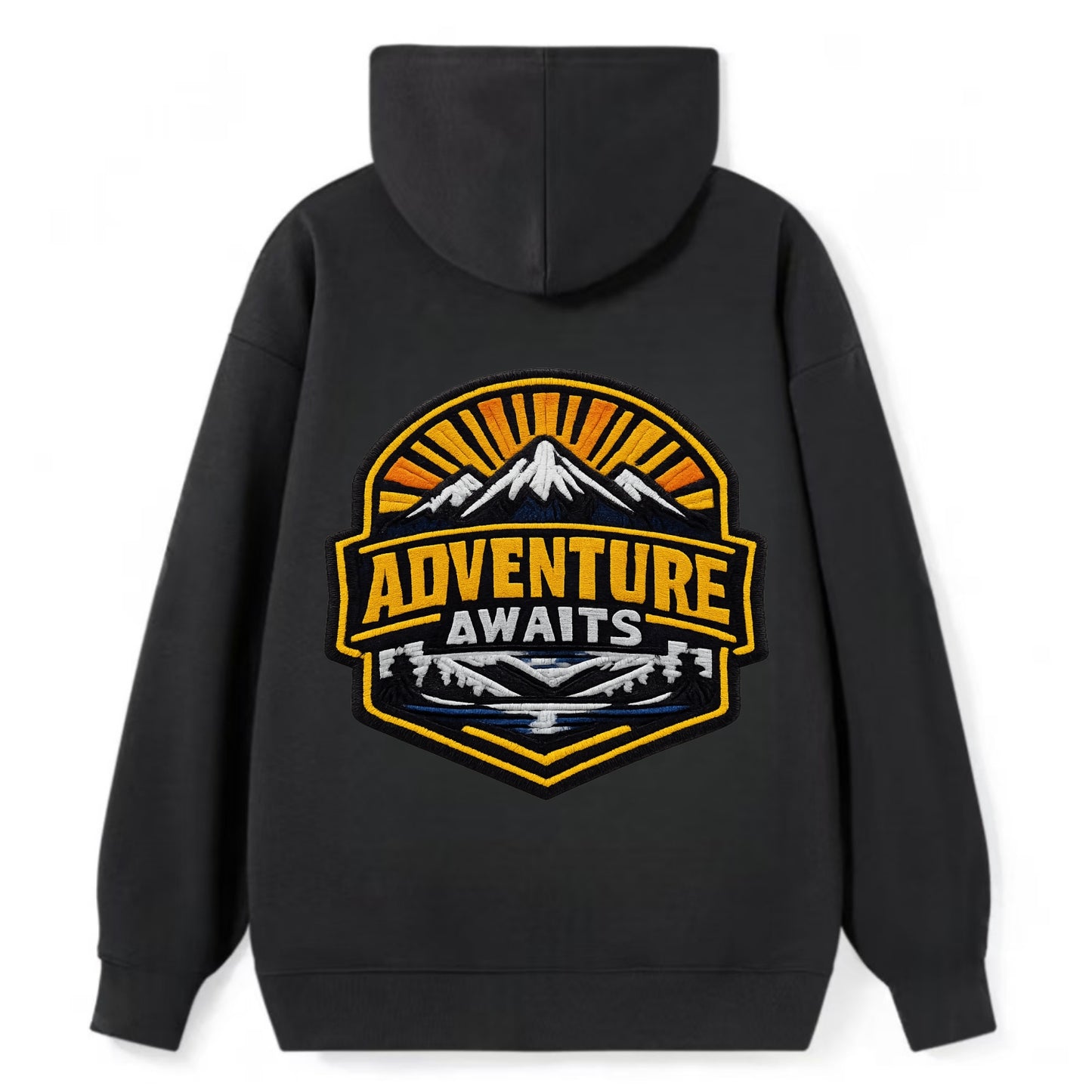 ADVENTURE AWAITS - mountain sunrise with text in gold and blue , - Classic Pullover Hoodie - Black