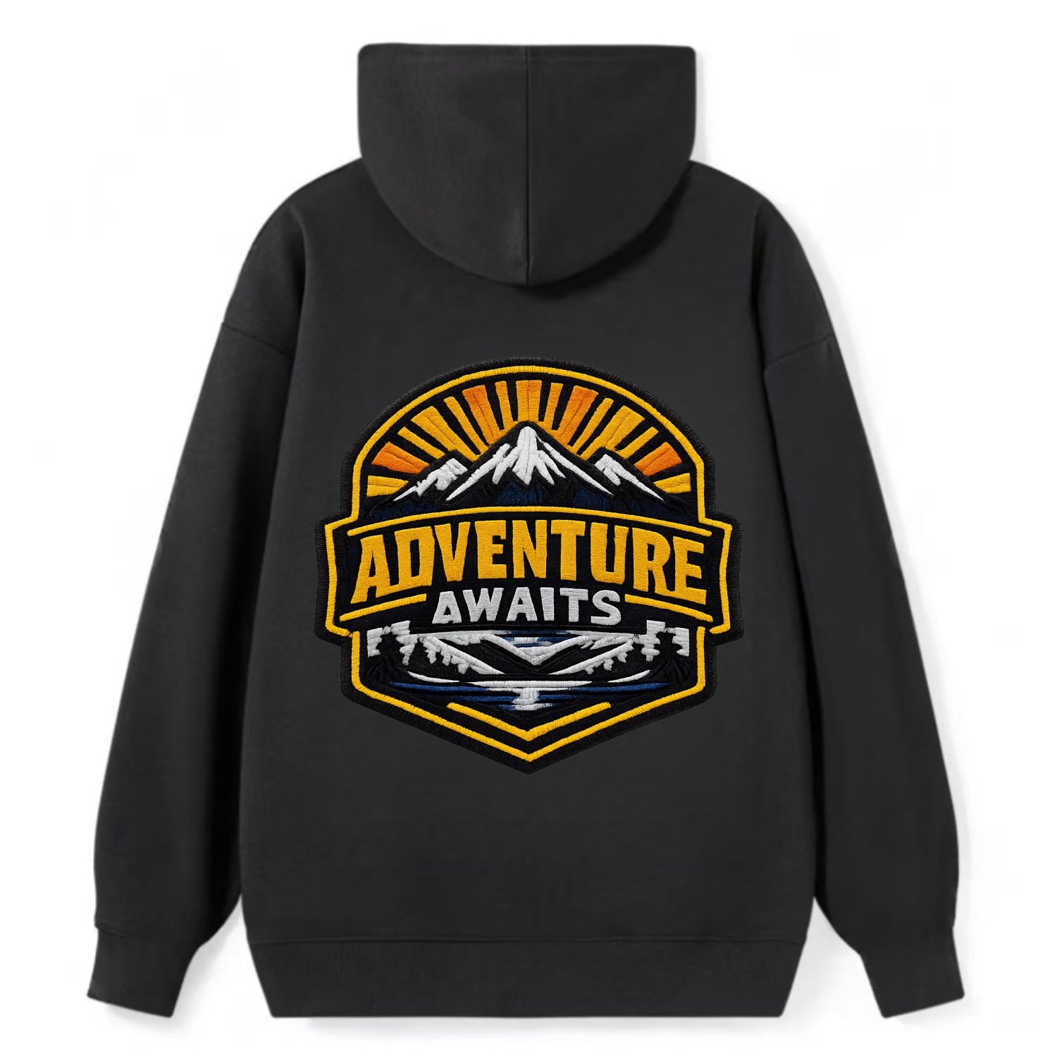 ADVENTURE AWAITS - mountain sunrise with text in gold and blue , - Classic Pullover Hoodie - Black