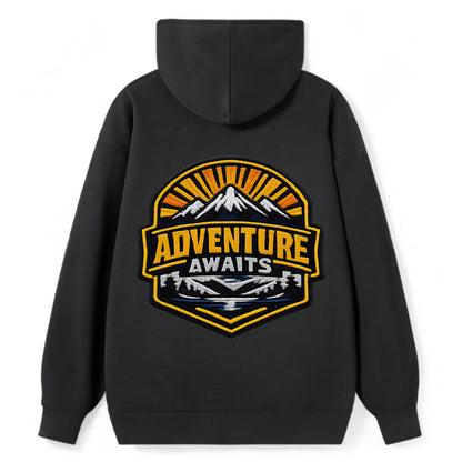 ADVENTURE AWAITS - mountain sunrise with text in gold and blue , - Classic Pullover Hoodie - Black
