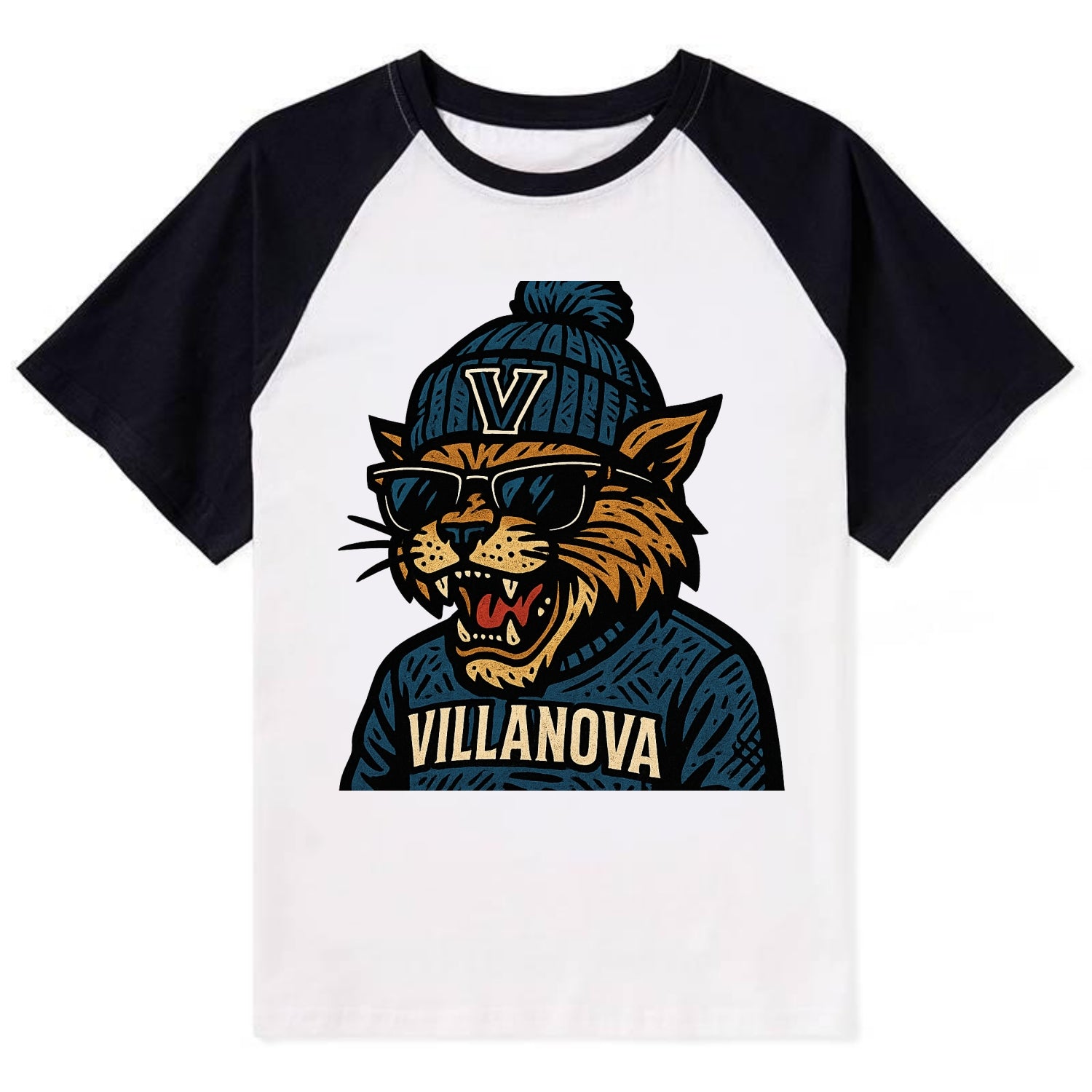 Villanova Wildcat wearing Villanova beanie with V patch - Contrast Raglan T-shirt - Black